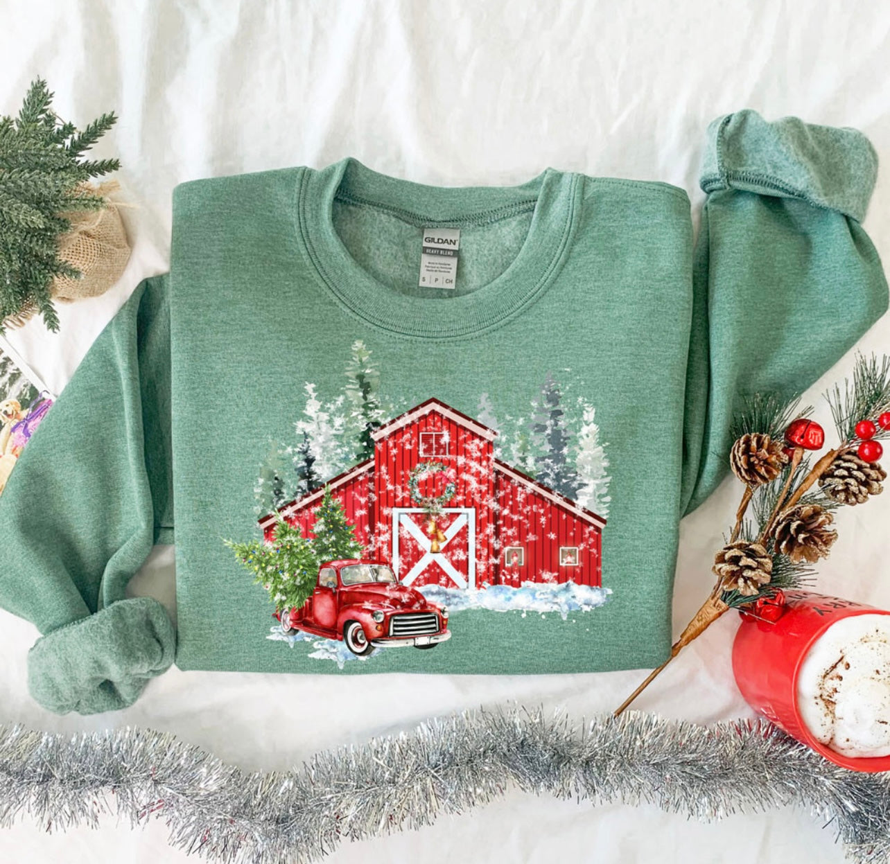 Snowy Red Barn Christmas Crewneck