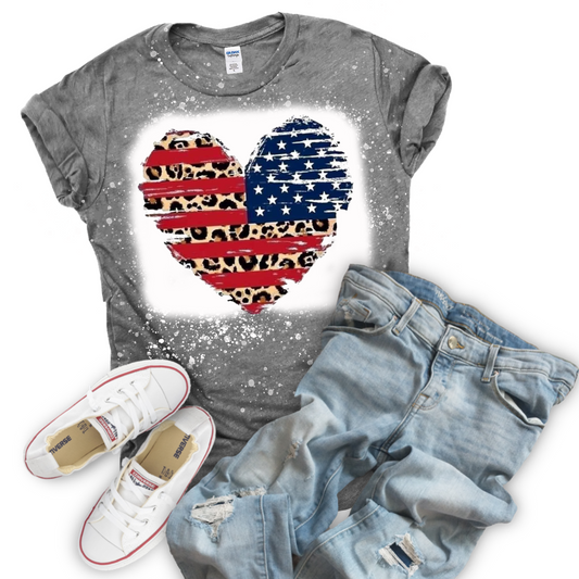 Red White and Blue Cheetah Print Distressed Heart Tee