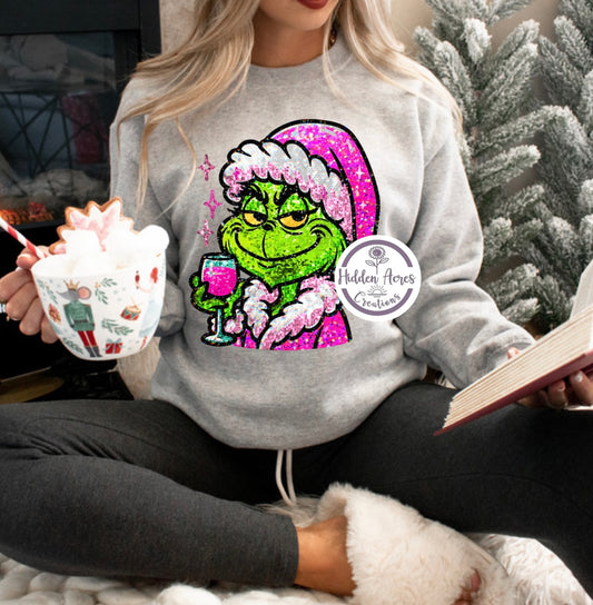 Grinchy Wine Glass DTF Crewneck