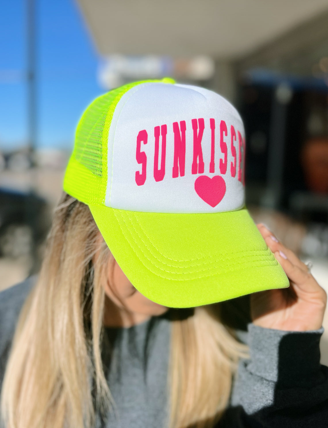 *TRUCKER HAT PUFF* Neon Pink Sunkissed on Neon Yellow Hat