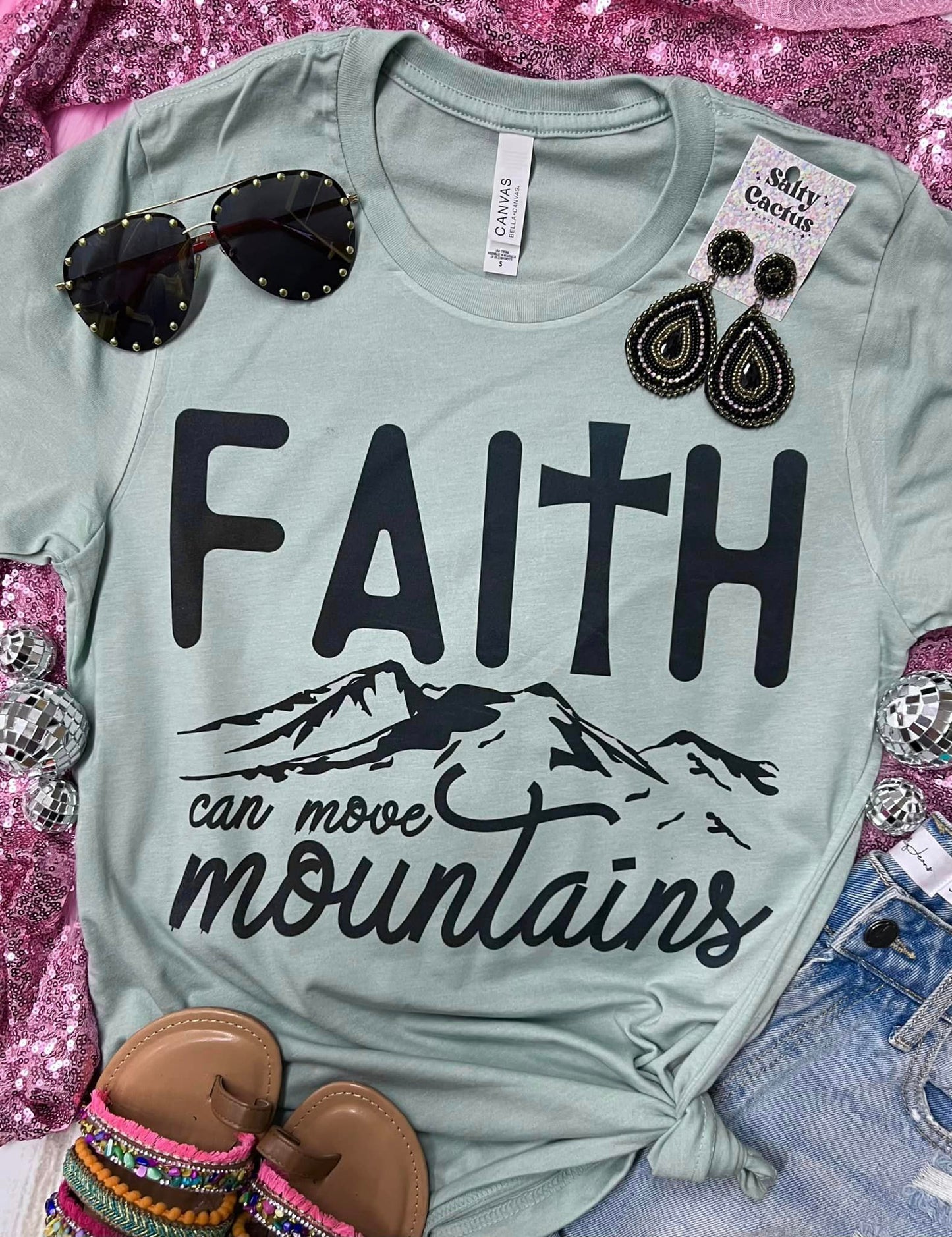 Faith Can Move Mountains Words Dusty Blue Tee