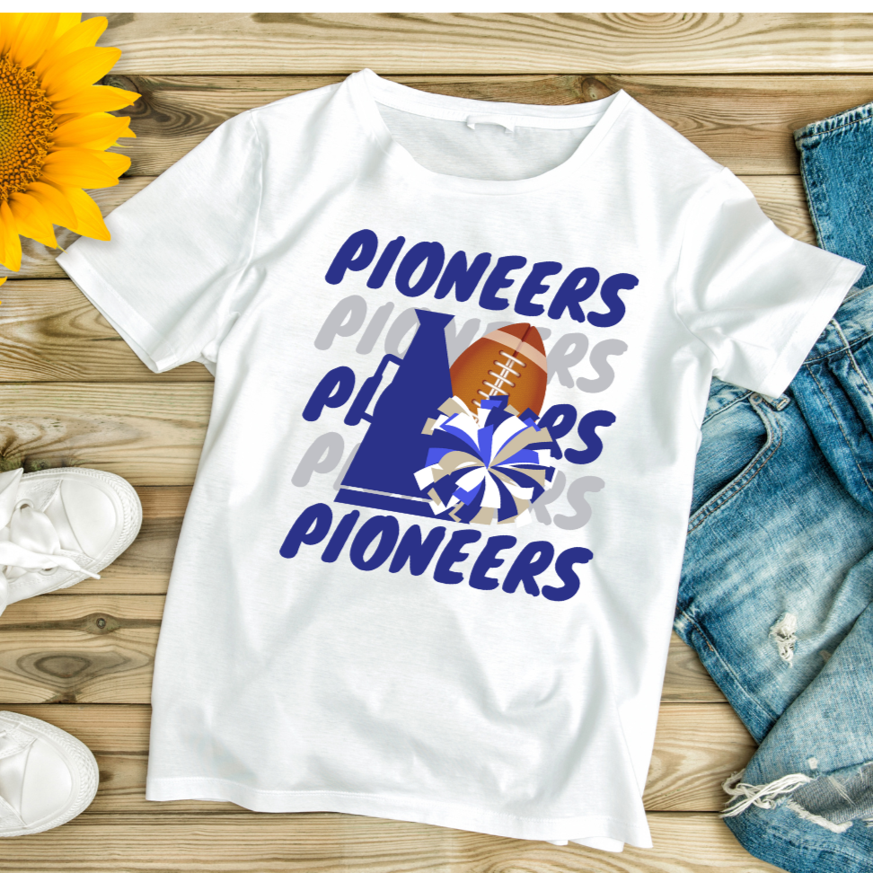 Pioneers Football/Cheer Blue and White Tee Shirt