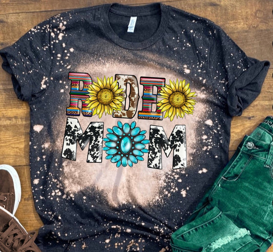 Rodeo Mom Sunflower Cow Print Bleached Tee
