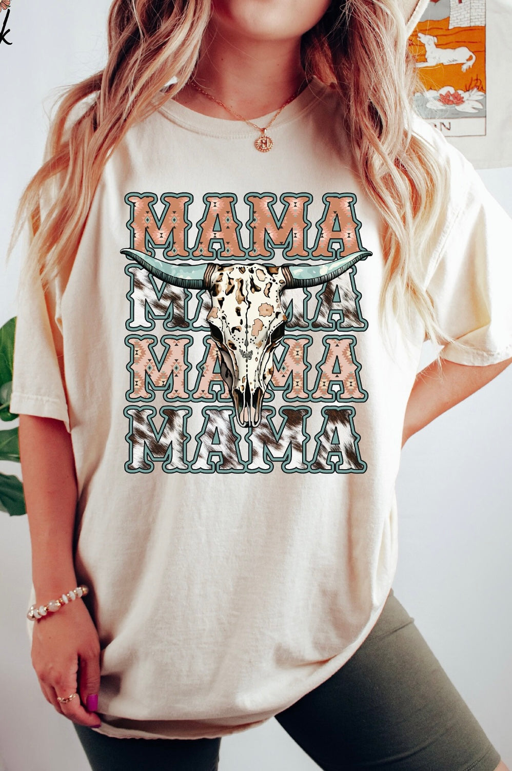 Western Mama Teal Cow Skull Tee