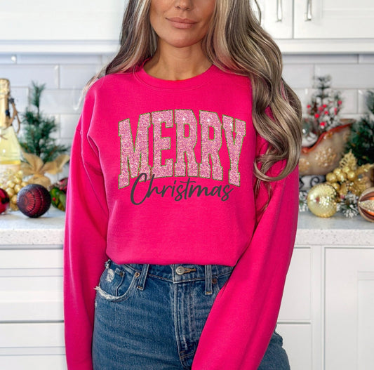 Pink Merry Christmas Faux Effect DTF Crewneck