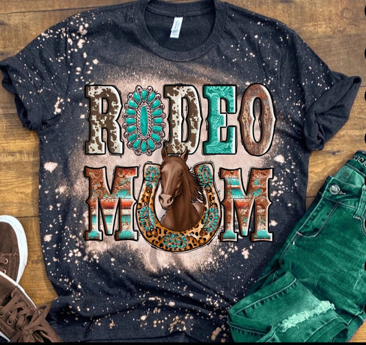 Rodeo Mom Horseshoe Cow Print Bleached Tee