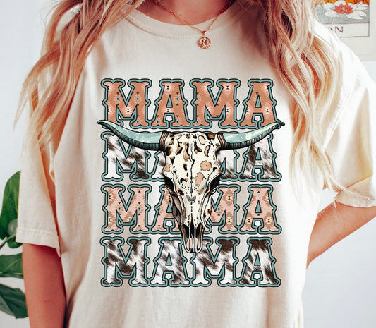 Western Mama Teal Cow Skull Tee