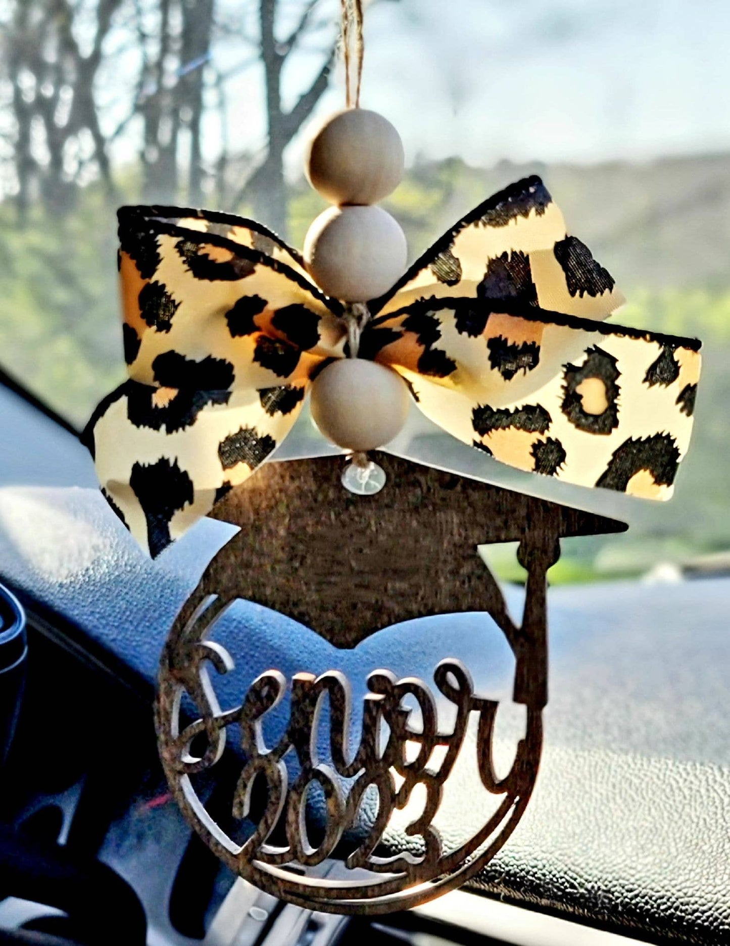 2023 Senior Graduation Cap Car Charm - Cheetah Print Ribbon