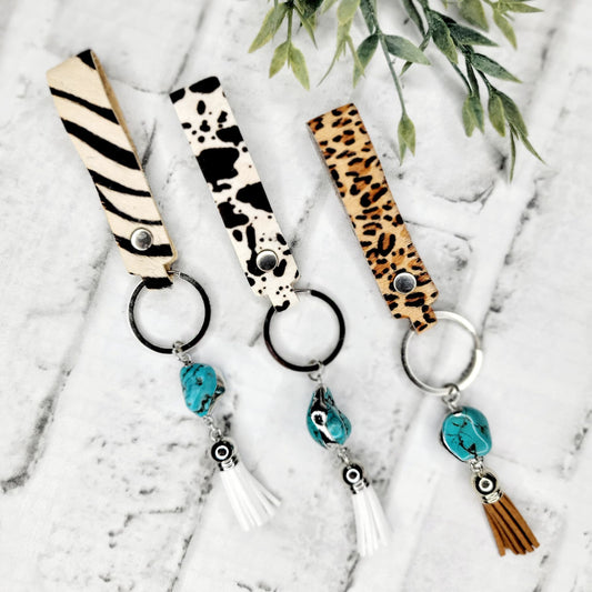 Cowhide Turquoise Tassel Keychain - Cheetah Print