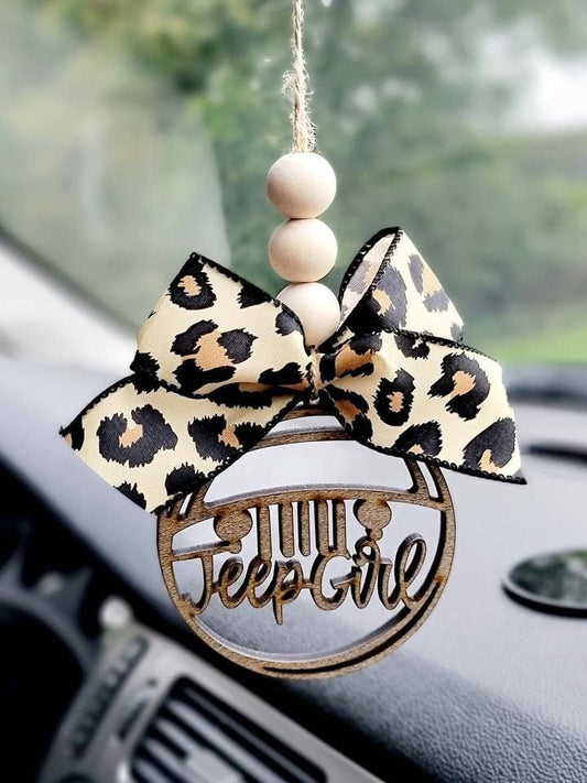 Jeep Girl Car Charm with Cheetah Print Ribbon