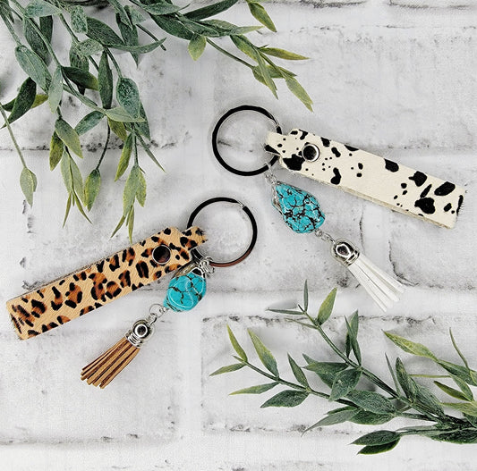 Cowhide Turquoise Tassel Keychain - Cheetah Print